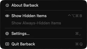 Barback’s right-click menu: About Barback, Show Hidden Items (⌃⌥⌘B), Show Always-Hidden Items, Settings… (⌘,) and Quit Barback.