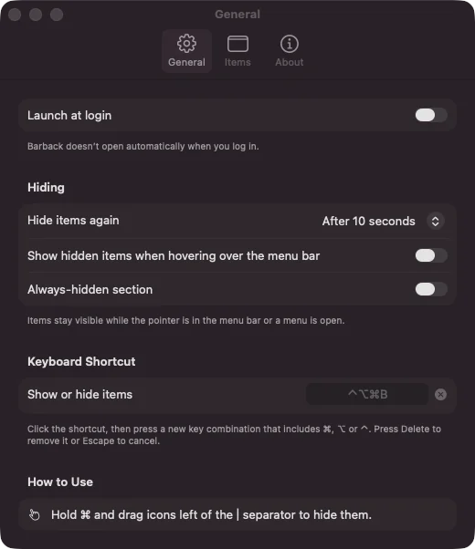 Barback Settings, General tab: launch at login, hide items again after 10 seconds, show hidden items when hovering, the always-hidden section, and the ⌃⌥⌘B keyboard shortcut.