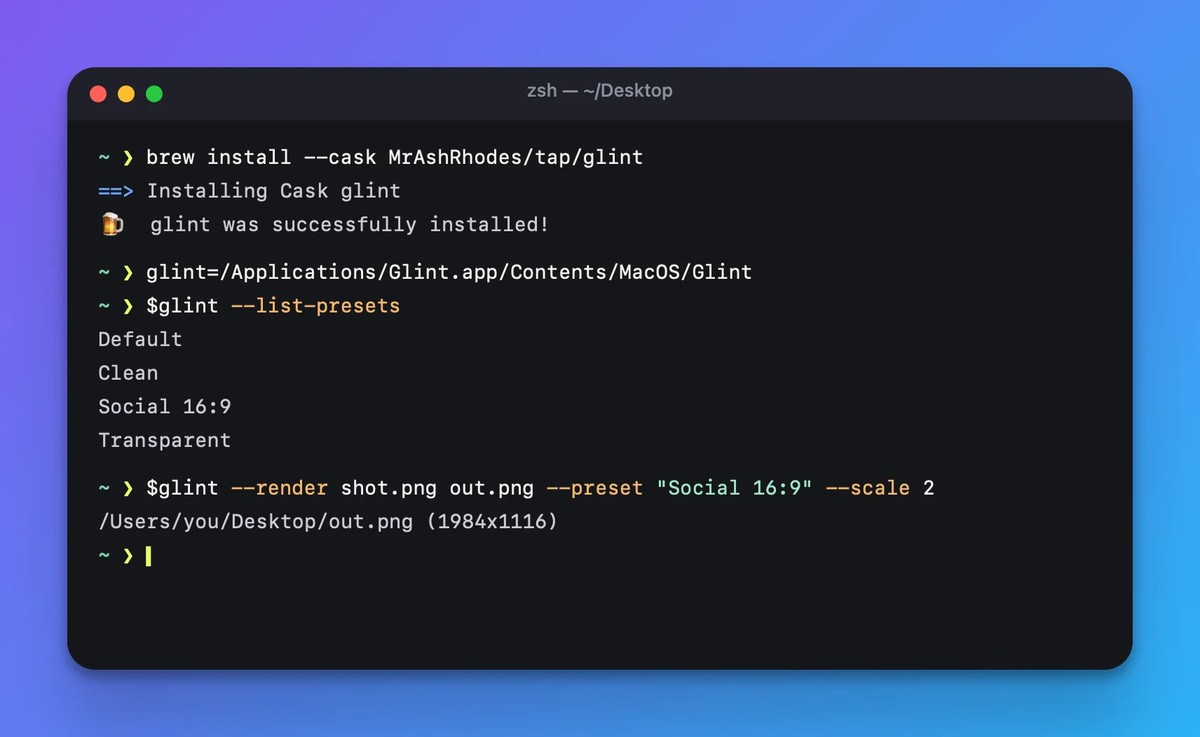 A fictional terminal capture with Glint's Default gradient background, rounded corners and shadow